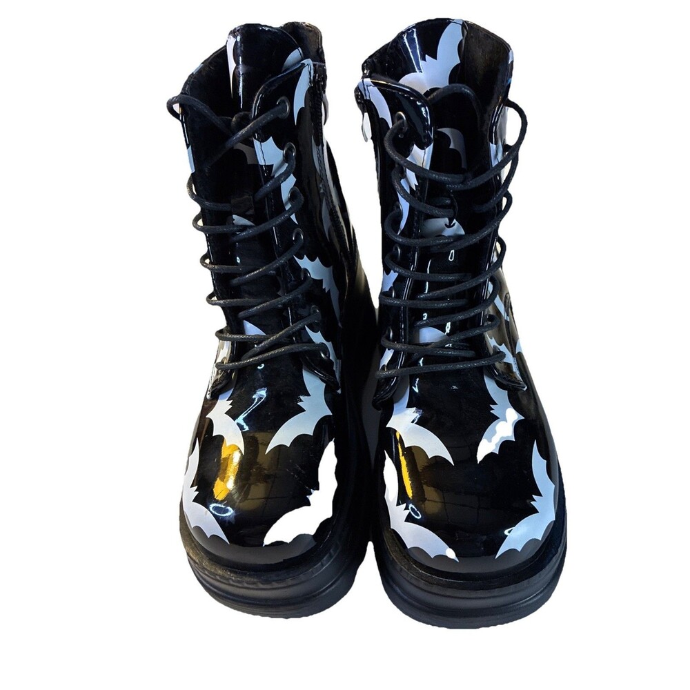 New Women's 7-7.5 Black & White Gothic Punk Platform Boots “Bat Cave Booties" - Picture 2 of 7